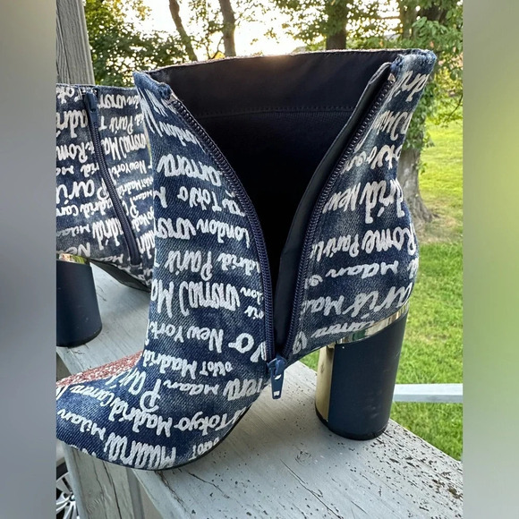 YOKI Willen Rose Gold Glitter Denim Graffiti Cylinder Heel Zip Ankle Boot 7 WILD - Picture 12 of 14